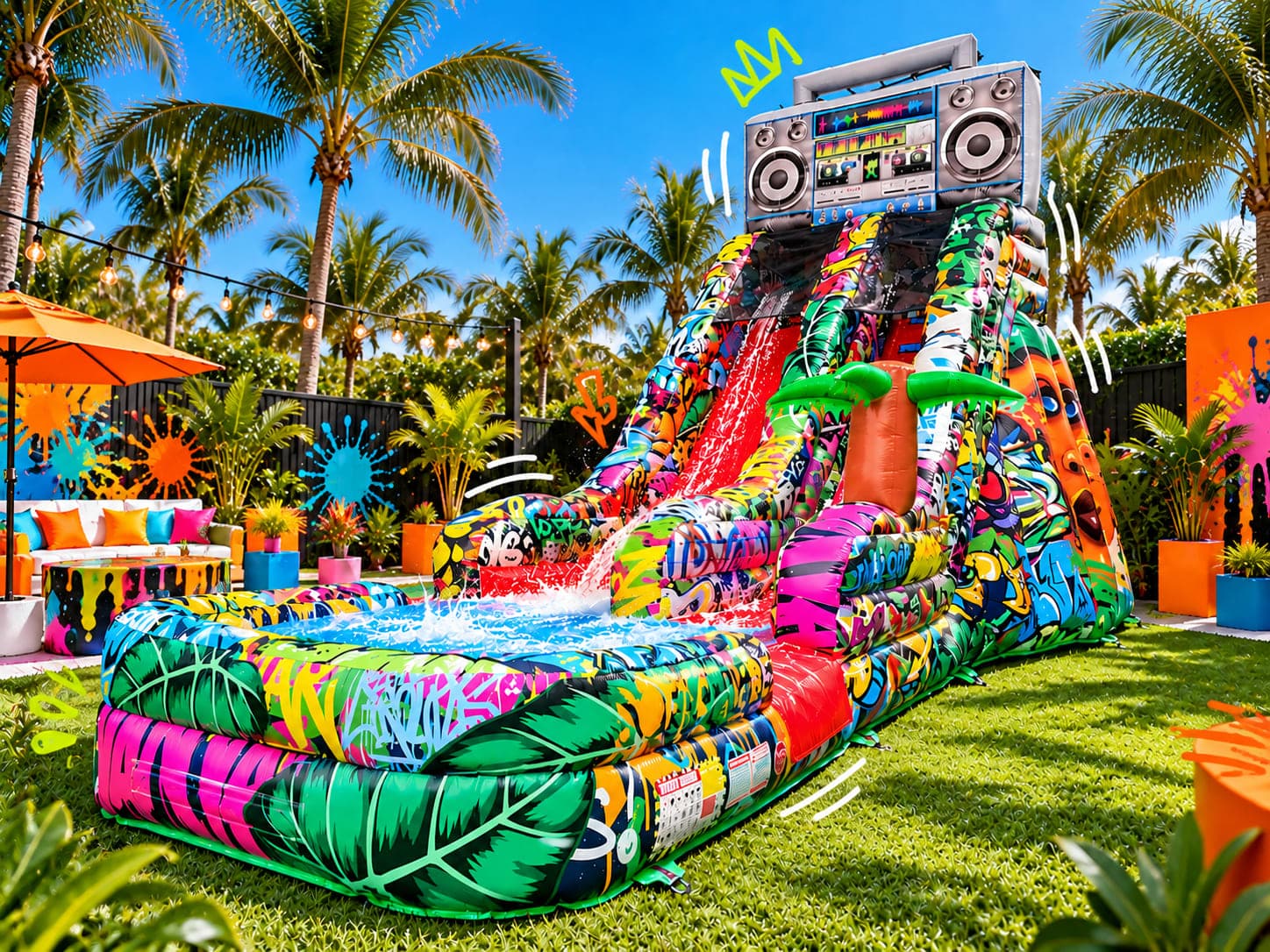 Graffiti Tropical Backyard Water Slide Party